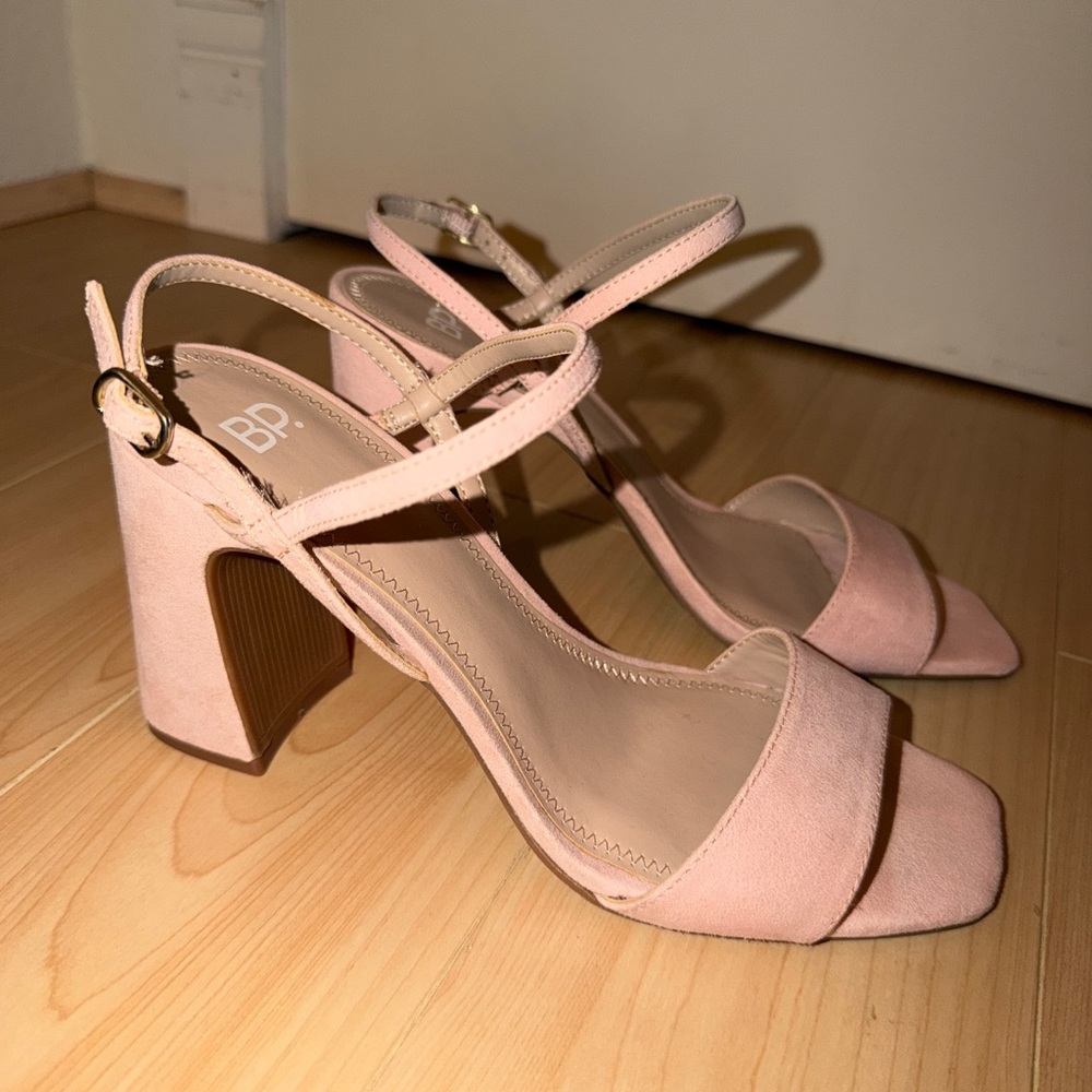 bp Pink Suede Strappy Block Heels